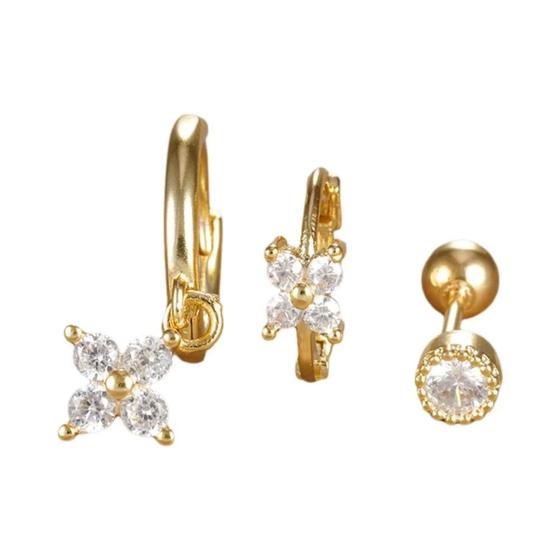 Imagem de Brincos de Argola com Flor de Zircônia - Conjunto 3 Peças em Aço Inoxidável