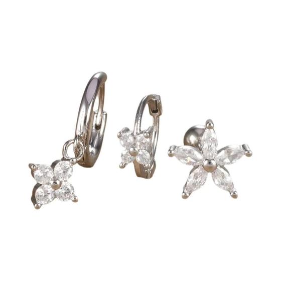 Imagem de Brincos de Argola com Flor de Zircônia - Conjunto 3 Peças em Aço Inoxidável