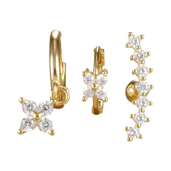 Imagem de Brincos de Argola com Flor de Zircônia - Conjunto 3 Peças em Aço Inoxidável