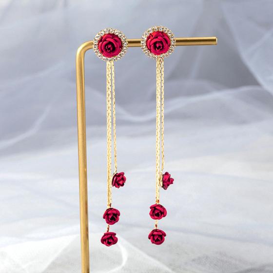 Imagem de Brincos Flor Dourado Strass Sobrepor Delicado Feminino Rosa