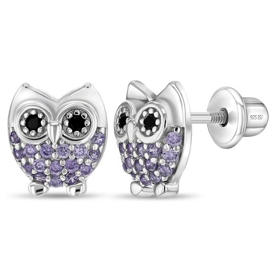 Imagem de Brincos In Season Jewelry em prata esterlina 925 Owl CZ Purp