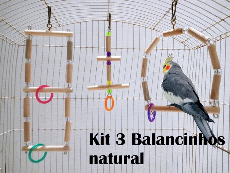 Imagem de Brinquedo Aves calopsita papagaio kit 3 balanços natural