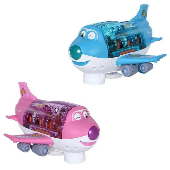 Imagem de Brinquedo Avião Musical Azul E Rosa Bate E Volta 360 Com Passageiros Interativos Diversão Garantida