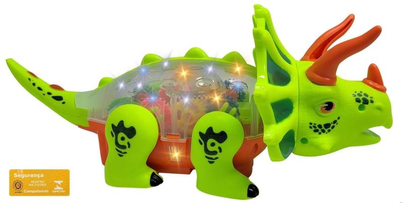 Imagem de Brinquedo Bate e Volta Colecao Dino DM Toys Dinossauro Triceratops com Movimento Luz Som Engrenagens Verde Neon