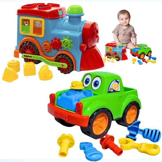 Imagem de Brinquedo Bebe Trenzinho + Carrinho Ferramentas Menino  Peças Encaixar