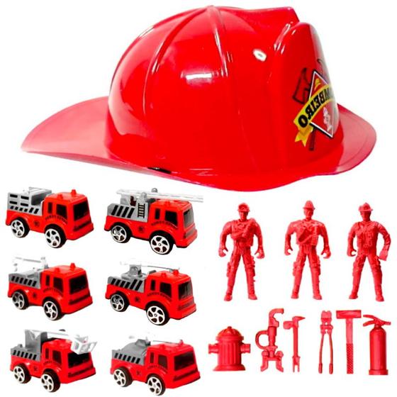 Imagem de Brinquedo  Bombeiro com Soldados Carrinhos e Capacete Kit Infantil