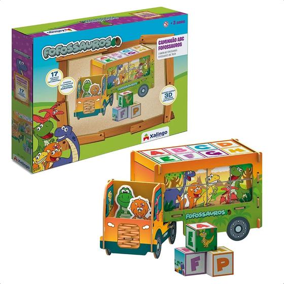 Imagem de Brinquedo Caminhão ABC Playset Fofossauros 17 Peças em Madeira MDF +3 Anos 16 cubos Cartonados Xalingo - 54476