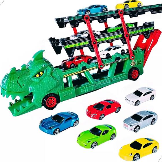 Imagem de Brinquedo Caminhão Carreta Dobravél Dinossauro Com 6 Carrinhos