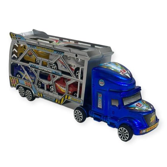 Imagem de Brinquedo Caminhão Cegonha Transportador Azul C/ 4 Carros - Vencedor