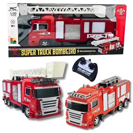 Imagem de Brinquedo Caminhão com Controle Remoto Truck Bombeiro com Som e Luz Vermelho 28cm CKS - 618-5C