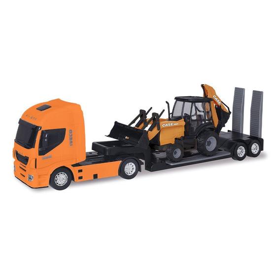 Imagem de Brinquedo Caminhão Iveco Hi Way Plataforma Retroescavadeira Case Construction Laranja