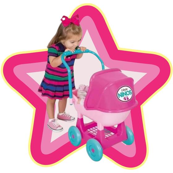 Imagem de Brinquedo Carrinho de Bebê Boneca Infantil Ninos Rosa em Plástico 49cm Capota Regulável Cotiplas 2215