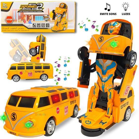 Imagem de Brinquedo Carrinho Transformers Vira Robô  Kombi Escolar Bate Volta Som E Luz