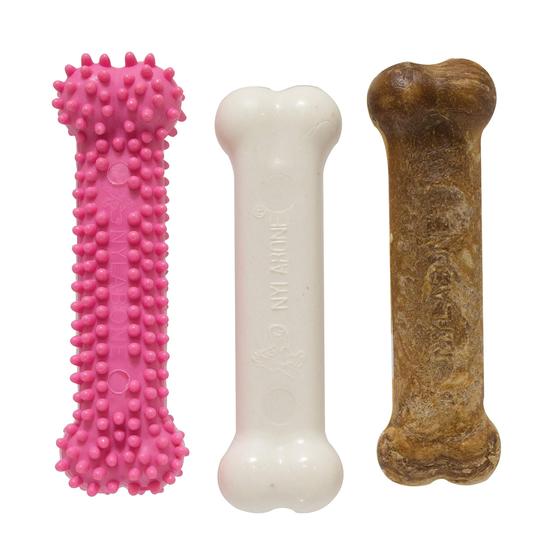 Imagem de Brinquedo de dentição rosa de nylon para cachorros, embalagem tripla, nylon e guloseimas