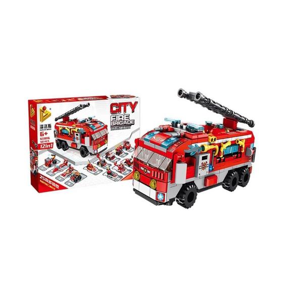 Imagem de Brinquedo de Encaixar Cubic City Caminhão Bombeiro 12 em 1 com 558 Peças Multikids - BR1200