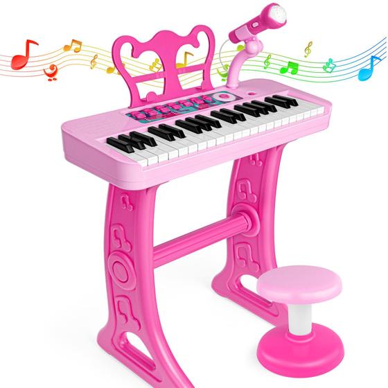 Imagem de Brinquedo de piano Amy & Benton para meninas de 3 a 7 anos com banquinho e suporte