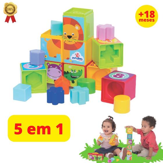 Imagem de Brinquedo educativo 5 em 1 cubo cubinho didático empilhar encaixar para bebês e crianças