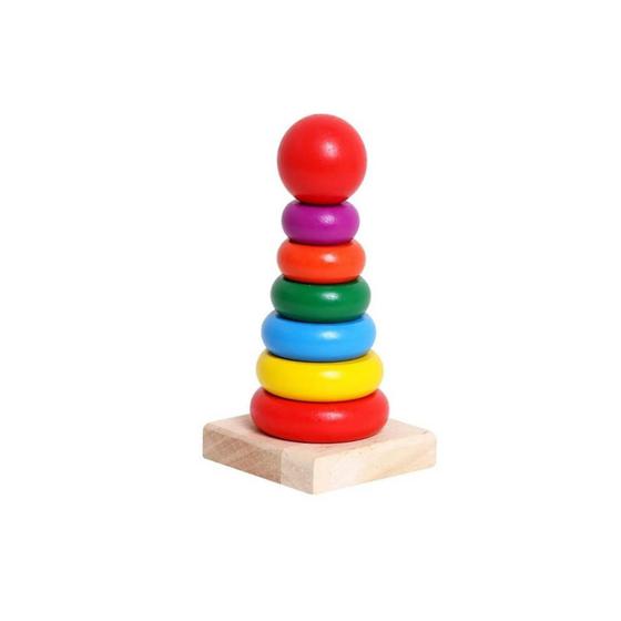 Imagem de Brinquedo educativo de torre de madeira para crianças com 7 anéis