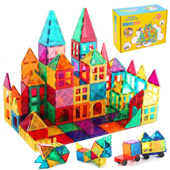 Imagem de Brinquedo Educativo Infantil Bloco de Montar Magnético 65 ou 130 Peças Coloridas C/ Bolsa de Armazenamento