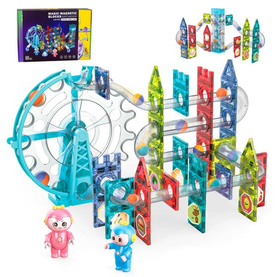Imagem de Brinquedo Educativo Infantil Bloco de Montar Magnético Com Túnel e Roda Gigante A Pilha 118 Peças Interativas
