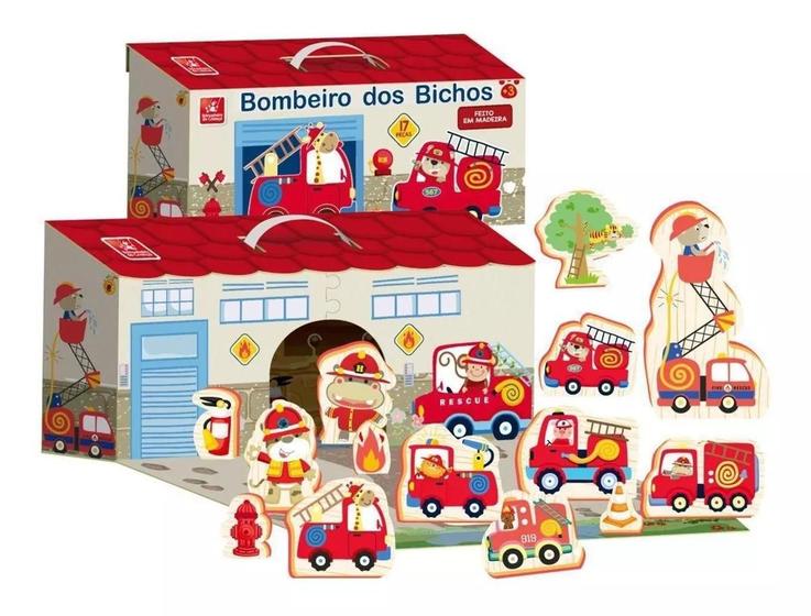 Imagem de Brinquedo Educativo Infantil Maleta Bombeiro Bichos Madeira