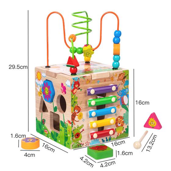 Brinquedo Educativo para Bebê Brastoy Xilofone Encaixe Engrenagens Labirinto Cubo de Atividades Interativo Infantil de Madeira