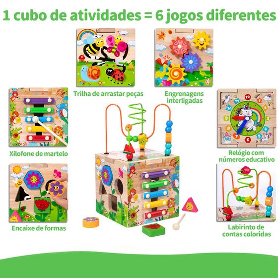 Brinquedo Educativo para Bebê Brastoy Xilofone Encaixe Engrenagens Labirinto Cubo de Atividades Interativo Infantil de Madeira