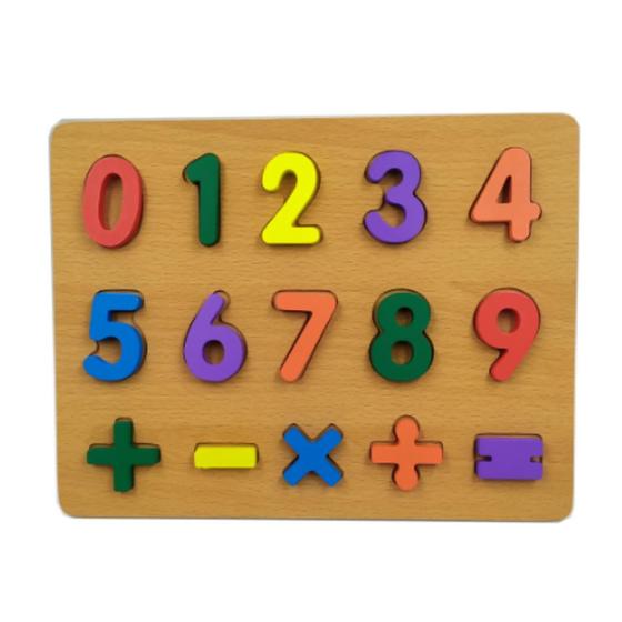 Imagem de Brinquedo Educativo Quebra Cabeça Números de Madeira Encaixe Aprender Numerais Símbolos Decimais