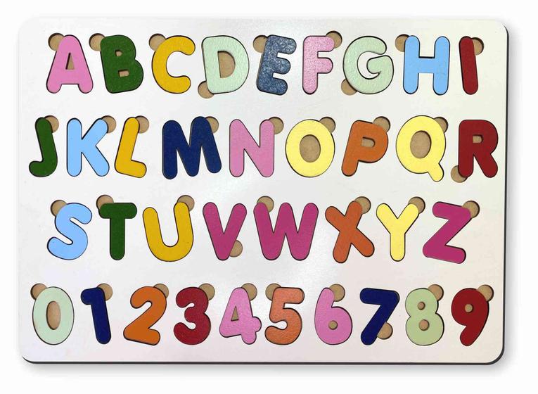 Imagem de Brinquedo educativo tabuleiro encaixe alfabeto + numerais mdf branco - mega impress