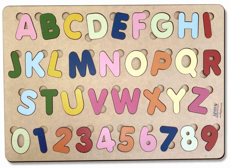 Imagem de Brinquedo educativo tabuleiro encaixe alfabeto + numerais mdf - mega impress