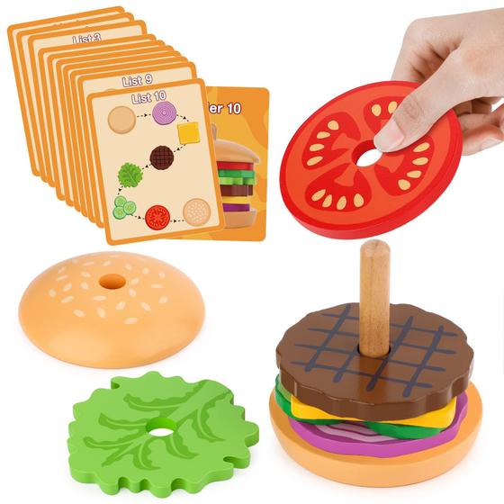 Imagem de Brinquedo empilhável Aizweb Montessori Wooden Burger de 3 anos para crianças