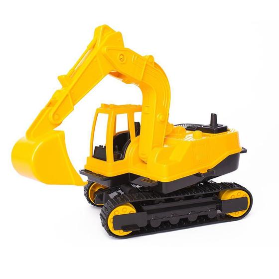 Imagem de Brinquedo Escavadeira Esteira Emborrachada Pá Articulável Máquina Construção Amarela 31cm