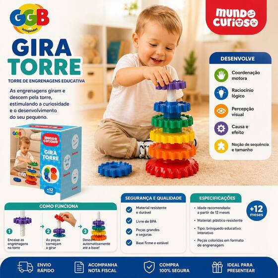 Brinquedo Giro Magico Sensorial Educativo Colorido 12 meses Gira Torre Engrenagem - Dismat