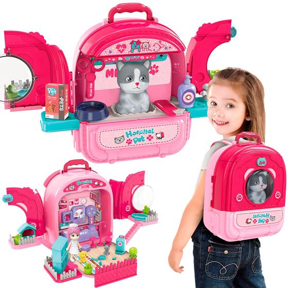 Imagem de Brinquedo Hospital Pet Cat Clinica Veterinária Com Gato Mochila 2 em 1 Dm Toys