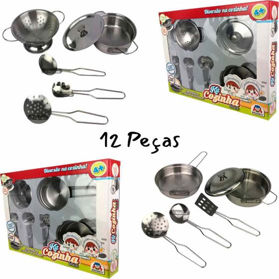 Imagem de Brinquedo Jogo Conjunto Kit Cozinha 12 Peças Em Inox Panela e Utensílios Presente Infantil Menino Menina Criança Braskit