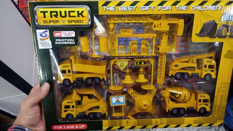 Imagem de Brinquedo Kit Caçambas Trator Caminhão Placas Escavadeira Construção Amarelo