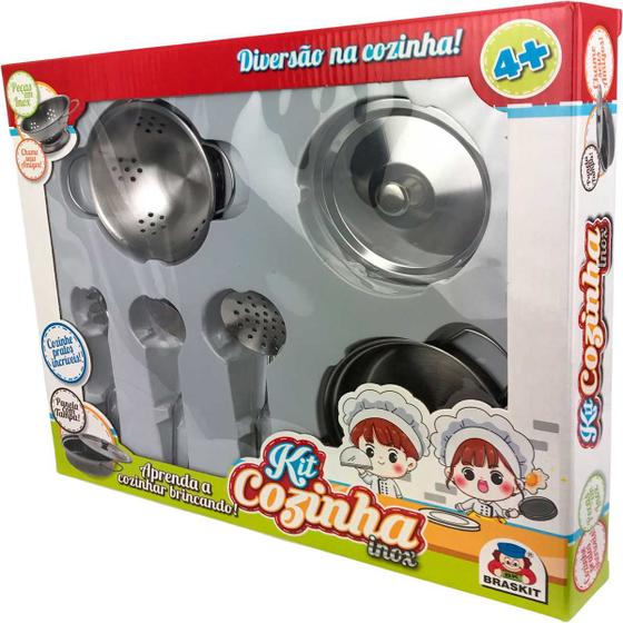 Imagem de Brinquedo Kit Cozinha 6 Peças Em Inox Braskit Escorredor de Macarrão e Utensílios Crianças +4 Anos