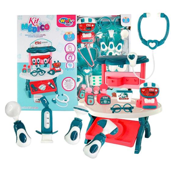 Imagem de Brinquedo Kit Médico 25 Peças Infantil c/ Mesinha Bancada Seringa Estetoscópio Termômetro Caixinha p/ Crianças