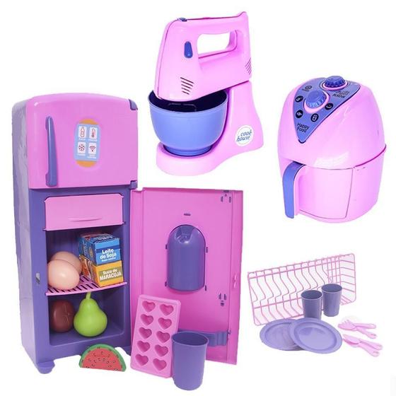 Imagem de Brinquedo Menina Cozinha Geladeira Comida Eletro Prato 22Pç