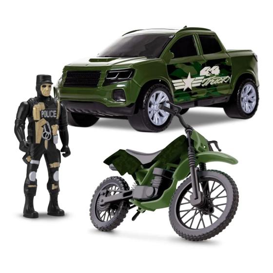 Imagem de Brinquedo Menino Carrinho Pick Up Militar Com Boneco E Moto