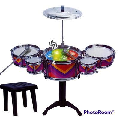 Imagem de Brinquedo Mini Bateria Infantil 5 Tambores Coloridos Com Luzes E Banquinho