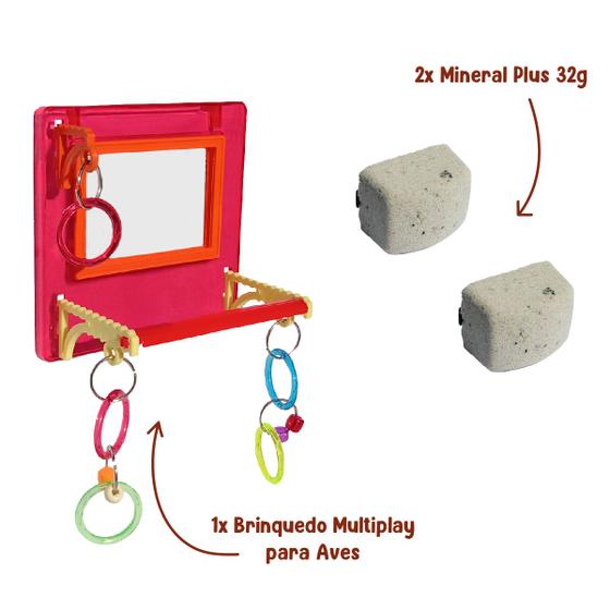 Imagem de Brinquedo Multiplay Diversão c/ Poleiro Espelho Bird Toy + 2 Bloco Mineral Plus - Passaros Diversos