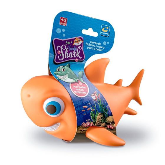 Imagem de Brinquedo Para Banho Tubarão Laranja Family Shark +3 Meses Cometa Brinquedos