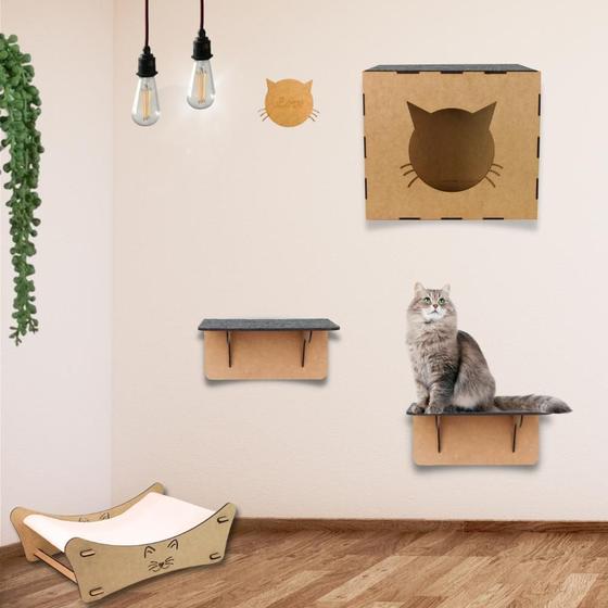 Imagem de Brinquedo para Gatos Kit Playground 4 peças Prateleira Cama Nicho MDF