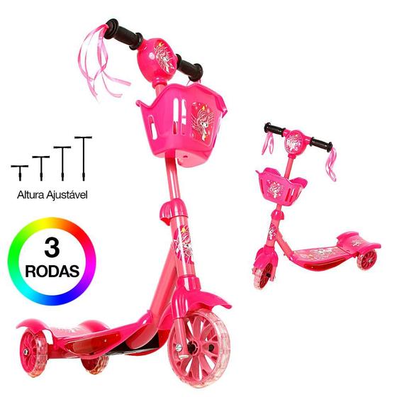 Imagem de Brinquedo Patinete Infantil Cestinha Rosa 3 Rodas Luz E Som