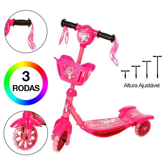 Imagem de Brinquedo Patinete Infantil Rosa Scooter 3 Rodas c Cesta