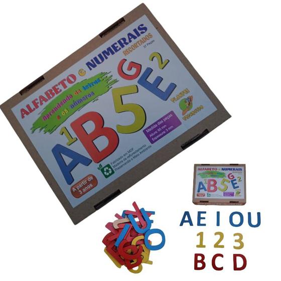 Imagem de Brinquedo Pedagógico Educativo Em Madeira Alfabeto & Numerais Recortados Premium