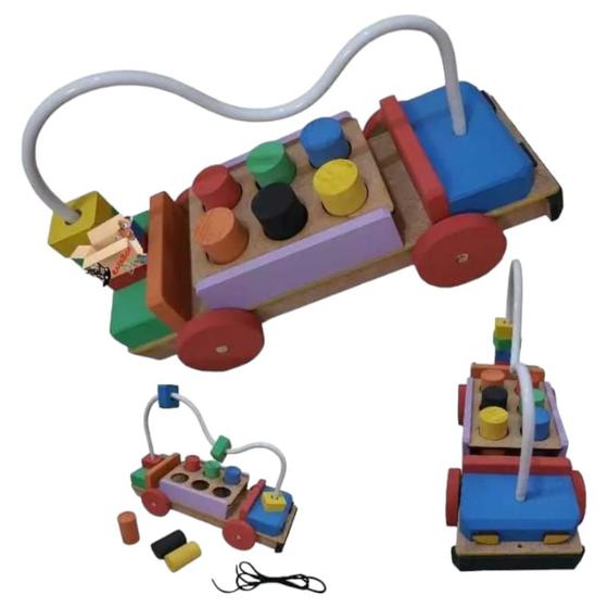 Imagem de Brinquedo Pedagógico Educativo Em Madeira Carrinho Aramado + Pinos Geométricos Premium