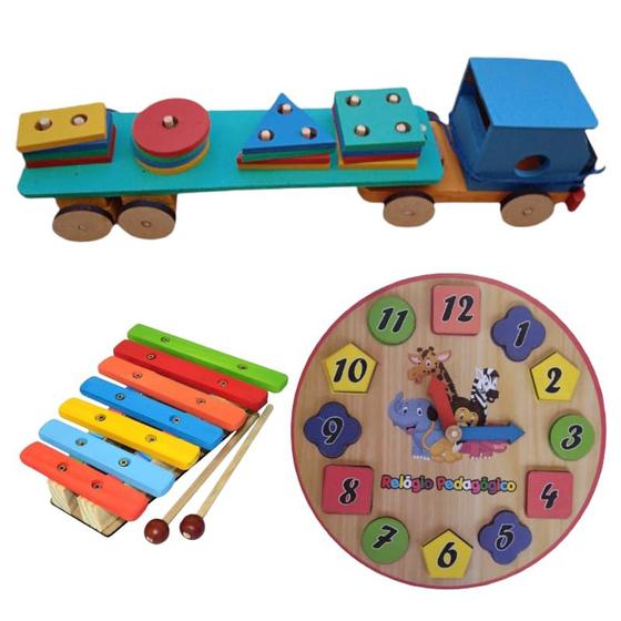 Imagem de Brinquedo Pedagógico Madeira Carreta Prancha + Xilofone + Relógio Encaixe