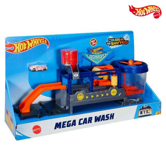 Brinquedo Presente Menino Hot Wheels Lava Rápido e Carrinho Muda Cor Pista Acessórios Coleção